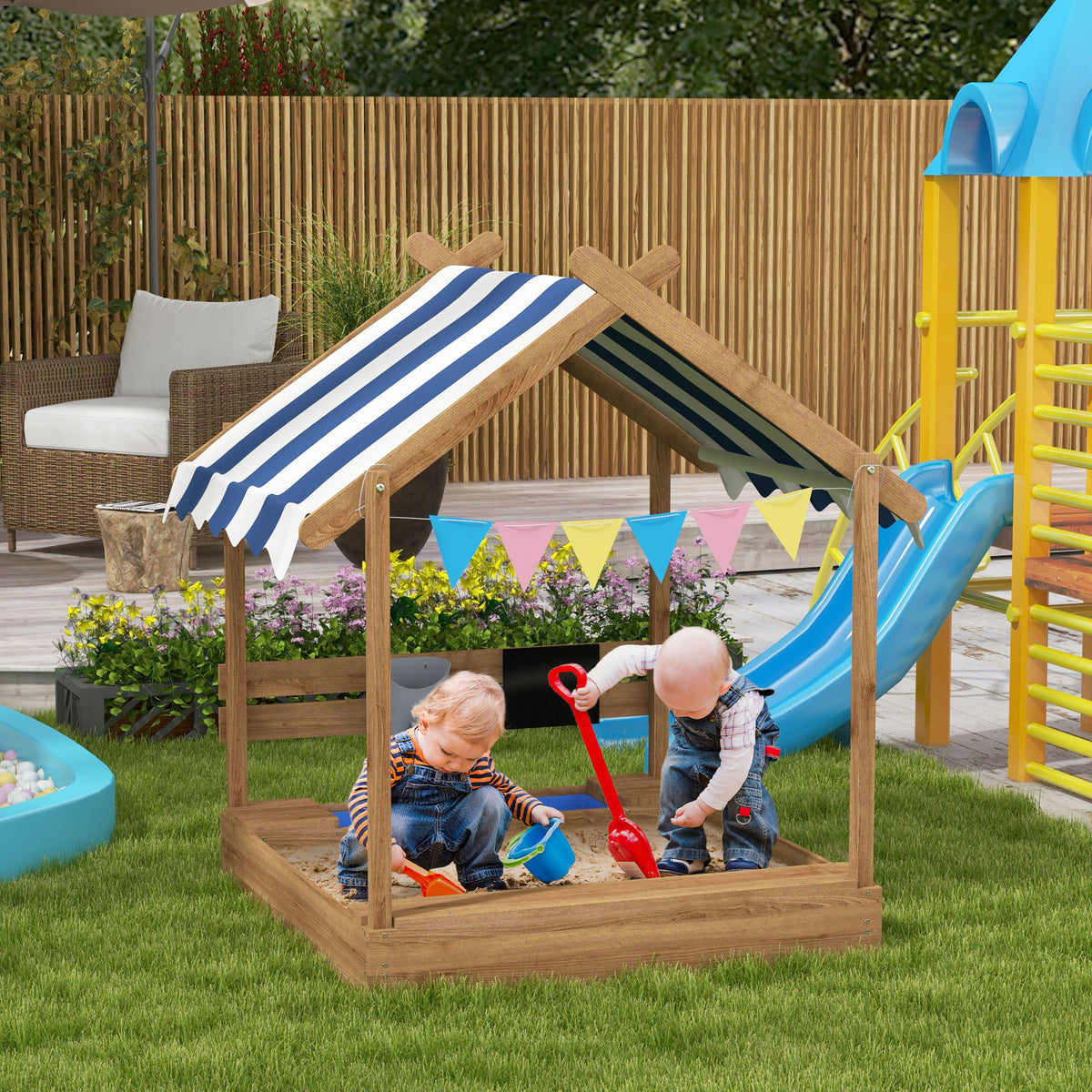 Outdoor Wooden Sandbox with Cover for 3-7 Years Old, Backyard-Sandboxes-DECOROLALA