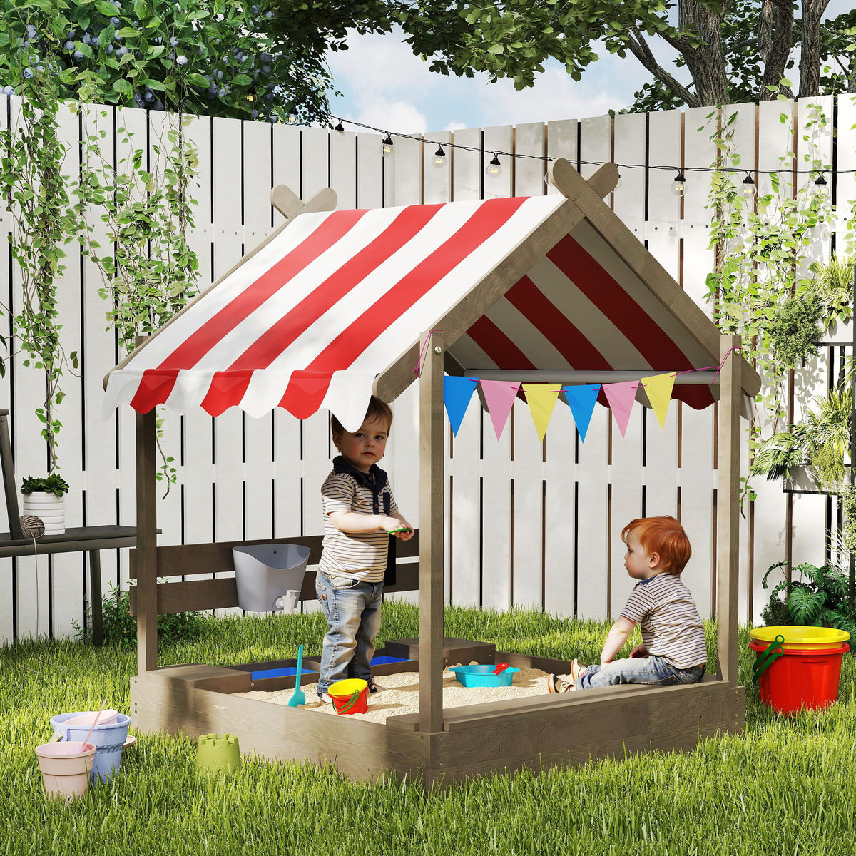 Outdoor Wooden Sandbox with Cover for 3-7 Years Old, Backyard-Sandboxes-DECOROLALA