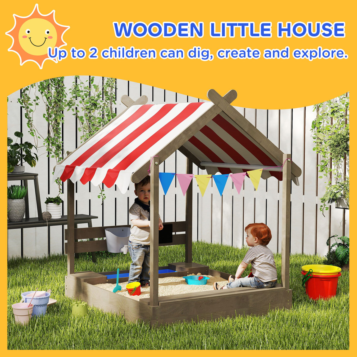 Outdoor Wooden Sandbox with Cover for 3-7 Years Old, Backyard-Sandboxes-DECOROLALA