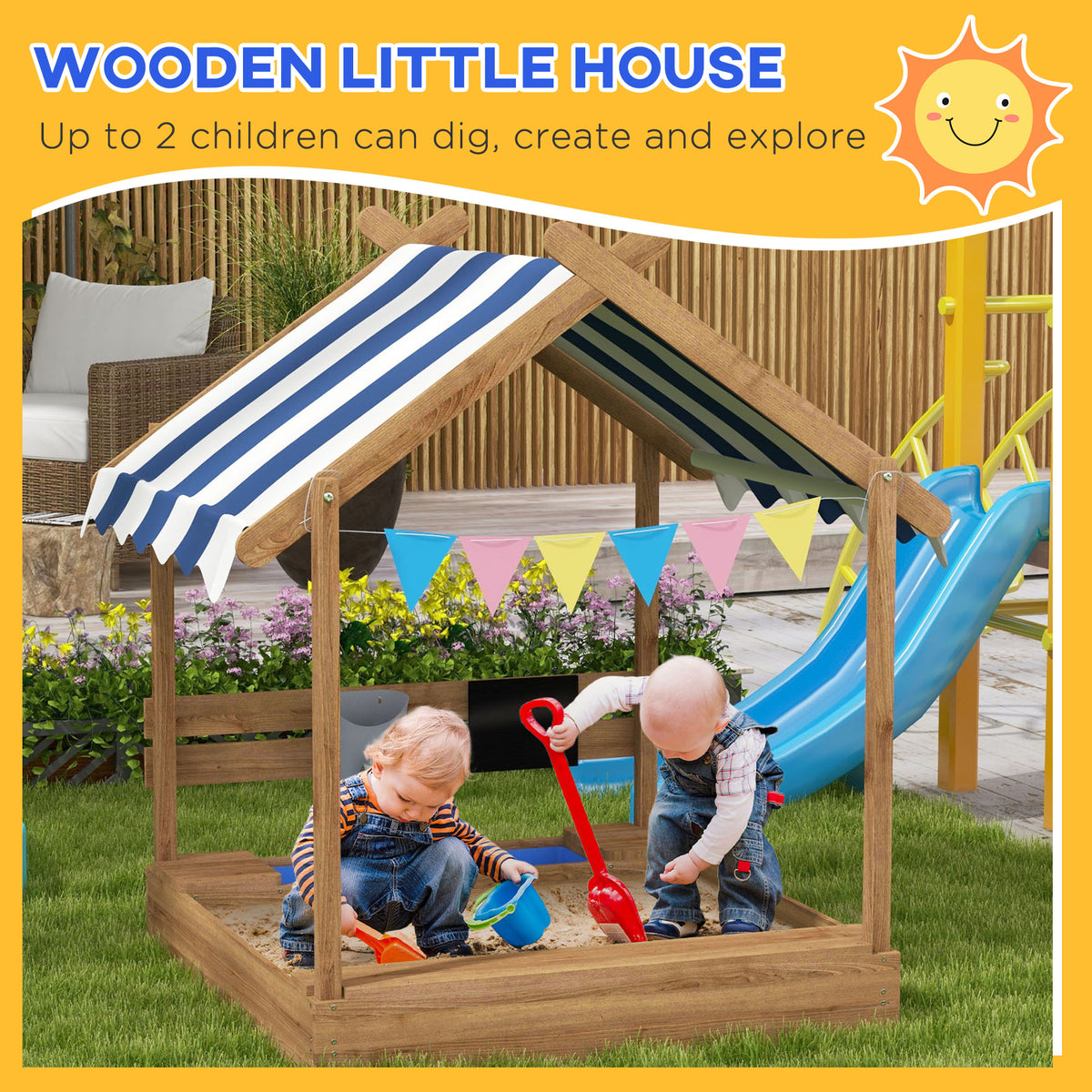 Outdoor Wooden Sandbox with Cover for 3-7 Years Old, Backyard-Sandboxes-DECOROLALA