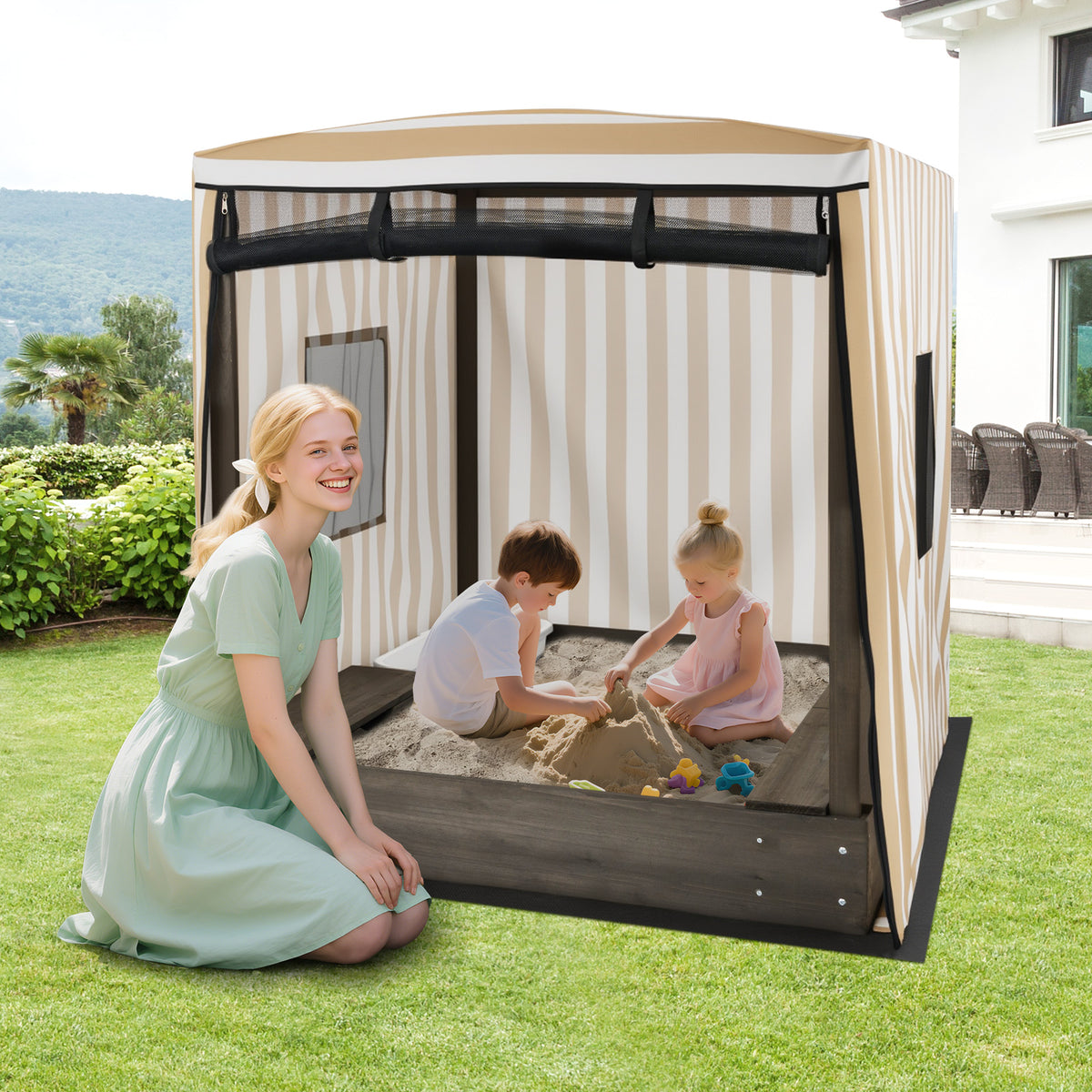 Wooden Sandbox with Canopy - Brown 48" x 47.5" x 52.5"-Sandboxes-DECOROLALA