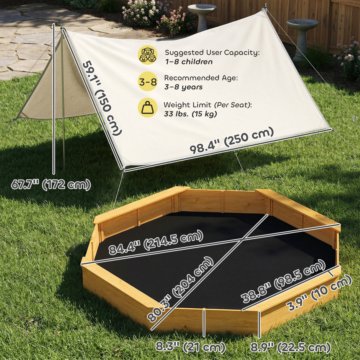 Wooden Kids Wooden Sandbox with Large Canopy, Outdoor Sand Box with 4 Bench Seats, Bottom Liner for Aged 3-8, Yellow-Sandboxes-DECOROLALA