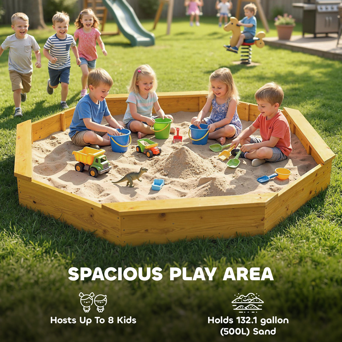 Wooden Kids Wooden Sandbox with Large Canopy, Outdoor Sand Box with 4 Bench Seats, Bottom Liner for Aged 3-8, Yellow-Sandboxes-DECOROLALA