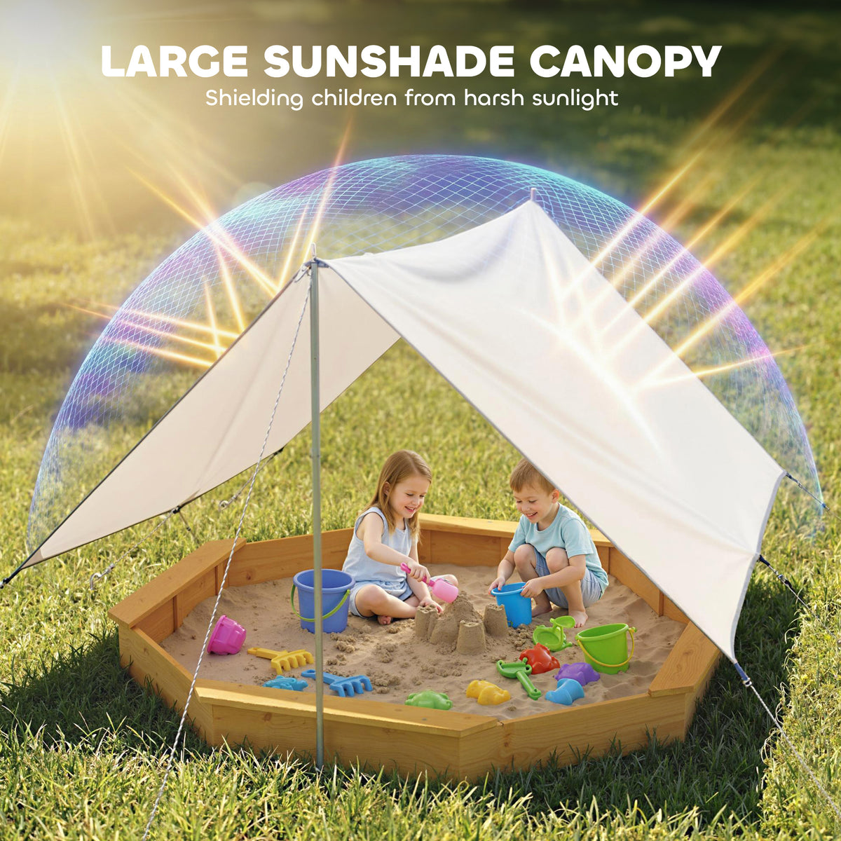 Wooden Kids Wooden Sandbox with Large Canopy, Outdoor Sand Box with 4 Bench Seats, Bottom Liner for Aged 3-8, Yellow-Sandboxes-DECOROLALA
