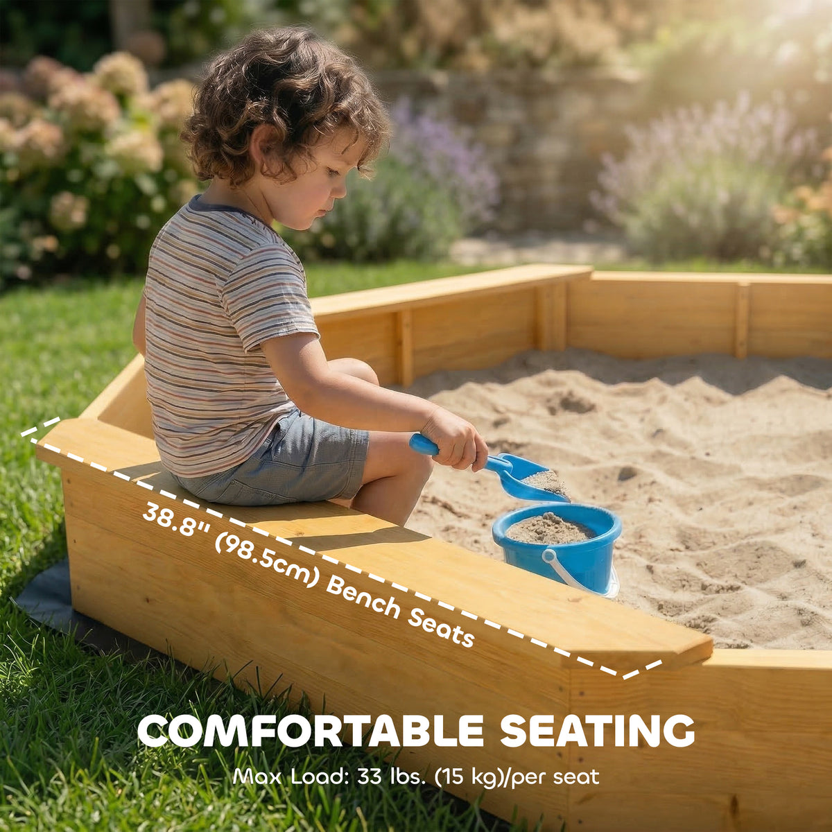 Wooden Kids Wooden Sandbox with Large Canopy, Outdoor Sand Box with 4 Bench Seats, Bottom Liner for Aged 3-8, Yellow-Sandboxes-DECOROLALA