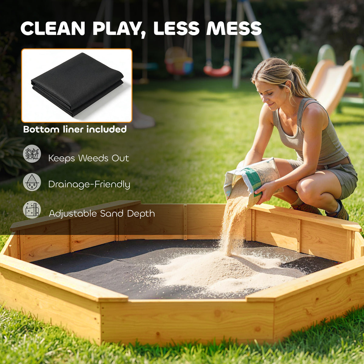 Wooden Kids Wooden Sandbox with Large Canopy, Outdoor Sand Box with 4 Bench Seats, Bottom Liner for Aged 3-8, Yellow-Sandboxes-DECOROLALA