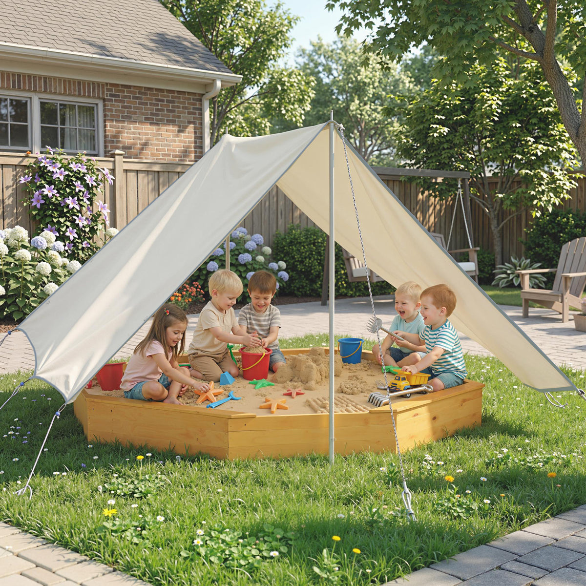 Wooden Kids Wooden Sandbox with Large Canopy, Outdoor Sand Box with 4 Bench Seats, Bottom Liner for Aged 3-8, Yellow-Sandboxes-DECOROLALA