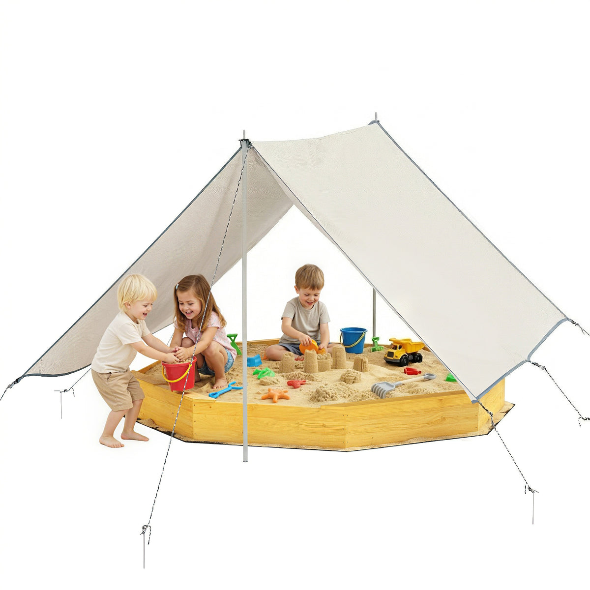 Wooden Kids Wooden Sandbox with Large Canopy, Outdoor Sand Box with 4 Bench Seats, Bottom Liner for Aged 3-8, Yellow-Sandboxes-DECOROLALA