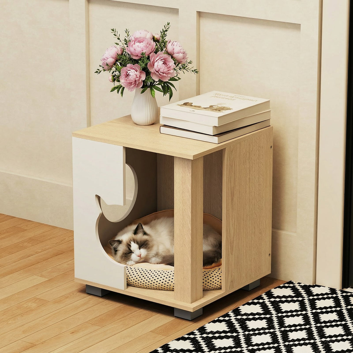 Wooden Semi-enclosed Cat Condo with Kitty Head-shaped Entry and Metal Legs-Natural-Cat Trees & Scratchers-DECOROLALA