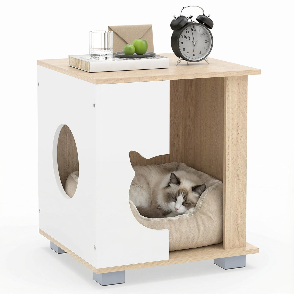 Wooden Semi-enclosed Cat Condo with Kitty Head-shaped Entry and Metal Legs-Natural-Cat Trees & Scratchers-DECOROLALA