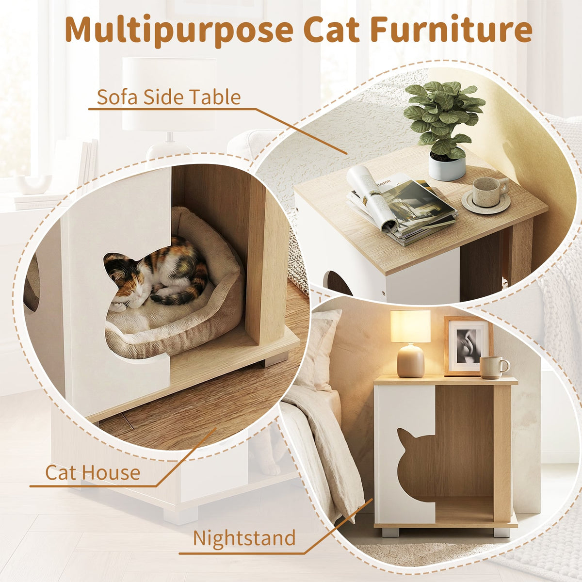 Wooden Semi-enclosed Cat Condo with Kitty Head-shaped Entry and Metal Legs-Natural-Cat Trees & Scratchers-DECOROLALA