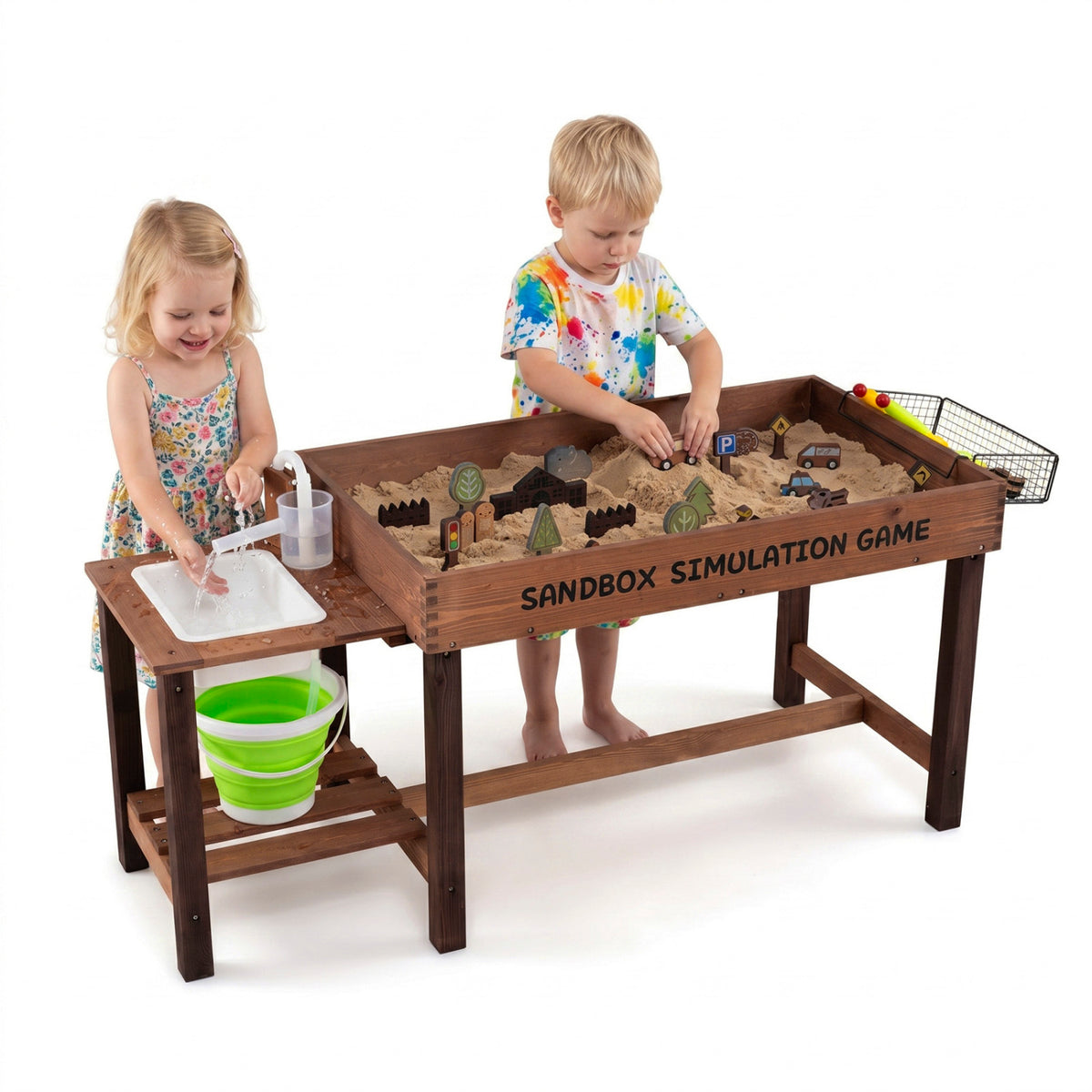 Wooden Sensory Sand and Water Table with Pump and 33 Toys-Play Kitchen Sets-DECOROLALA