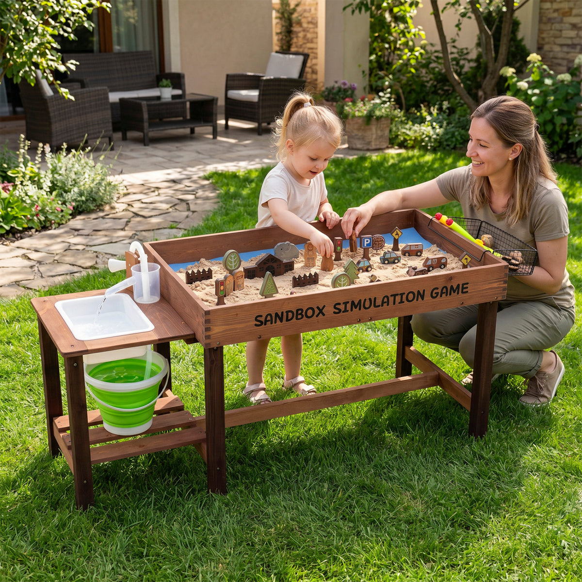 Wooden Sensory Sand and Water Table with Pump and 33 Toys-Play Kitchen Sets-DECOROLALA