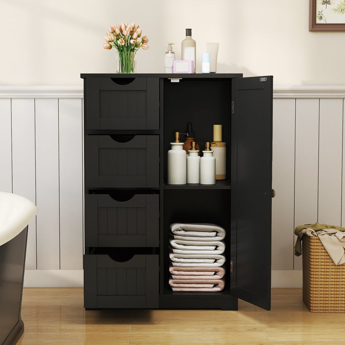 Wooden Storage Cabinet with 4 Drawers and 1 Door - Black-Bathroom Floor Cabinets-DECOROLALA