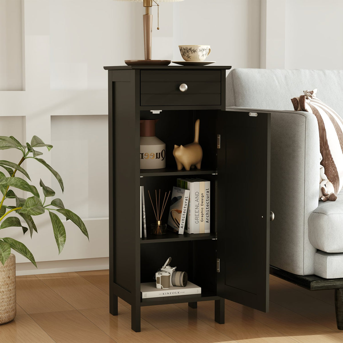 Wooden Storage Free-Standing Floor Cabinet with Drawer and Shelf-Black-Floor Cabinets-DECOROLALA
