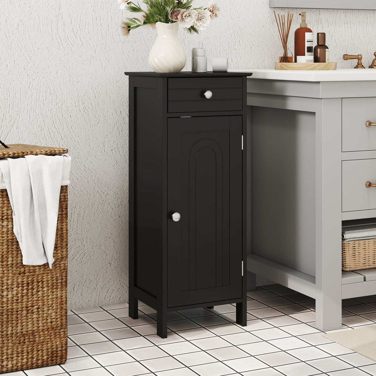 Wooden Storage Free-Standing Floor Cabinet with Drawer and Shelf-Black-Floor Cabinets-DECOROLALA
