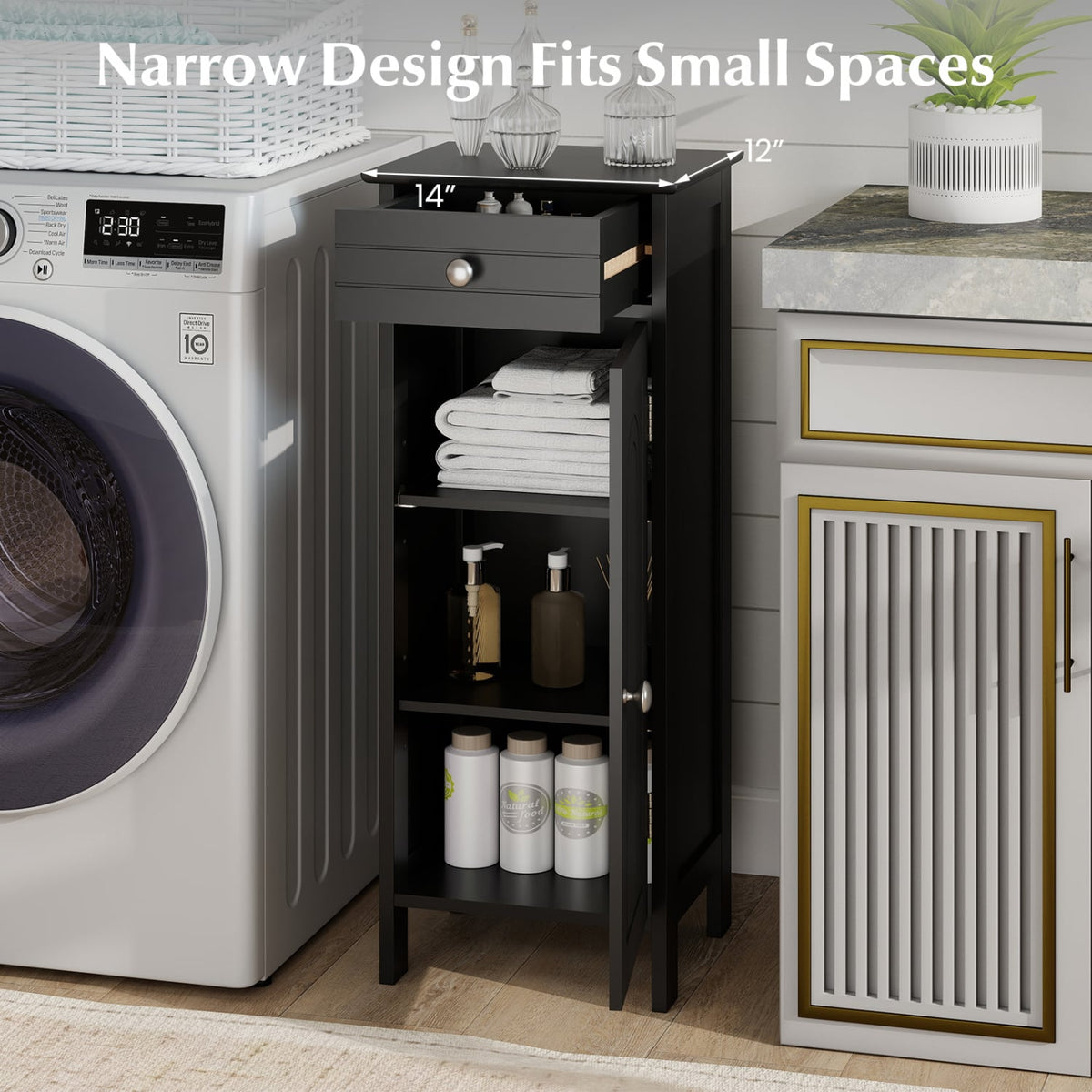 Wooden Storage Free-Standing Floor Cabinet with Drawer and Shelf-Black-Floor Cabinets-DECOROLALA