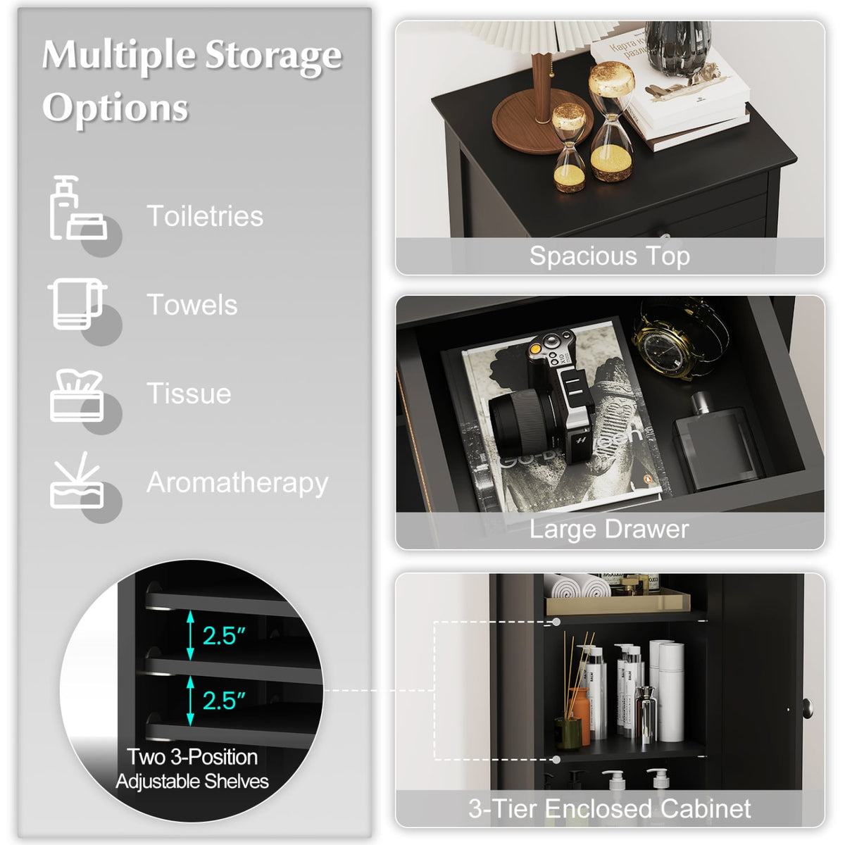 Wooden Storage Free-Standing Floor Cabinet with Drawer and Shelf-Black-Floor Cabinets-DECOROLALA