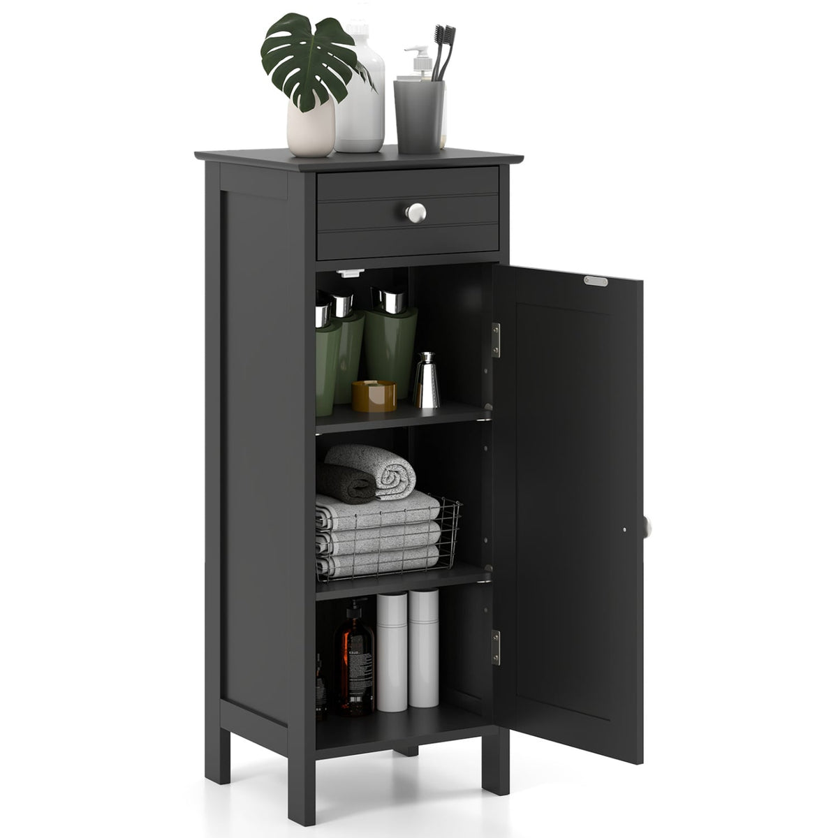 Wooden Storage Free-Standing Floor Cabinet with Drawer and Shelf-Black-Floor Cabinets-DECOROLALA