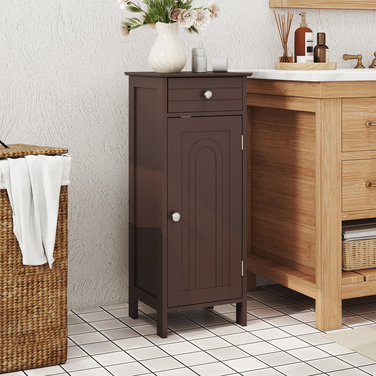 Wooden Storage Free-Standing Floor Cabinet with Drawer and Shelf-Brown-Floor Cabinets-DECOROLALA