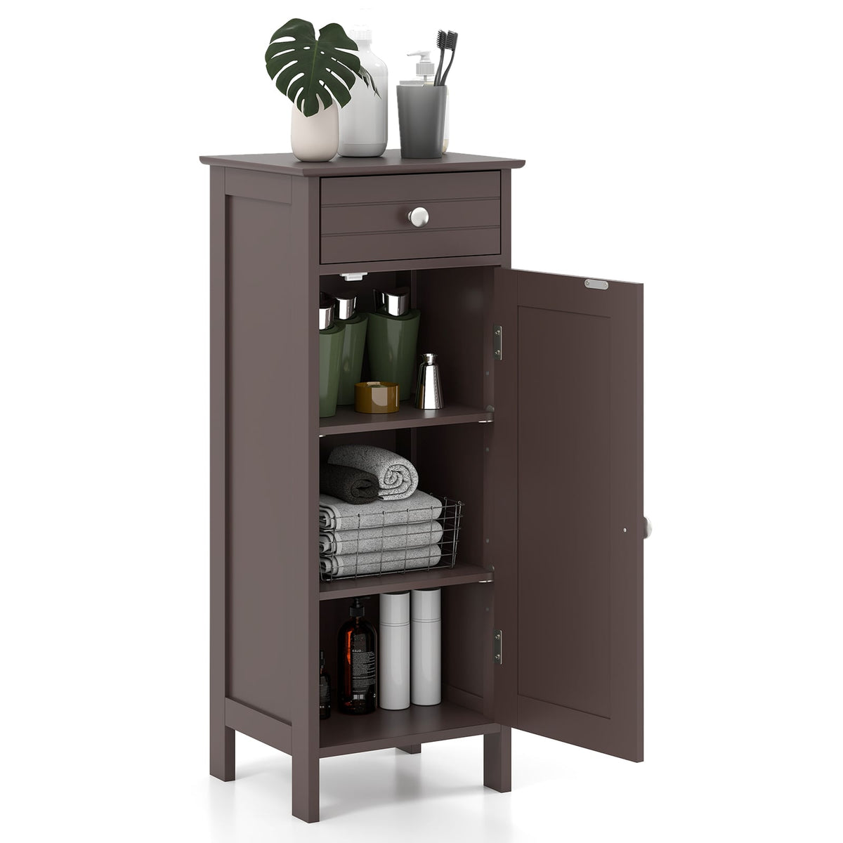 Wooden Storage Free-Standing Floor Cabinet with Drawer and Shelf-Brown-Floor Cabinets-DECOROLALA