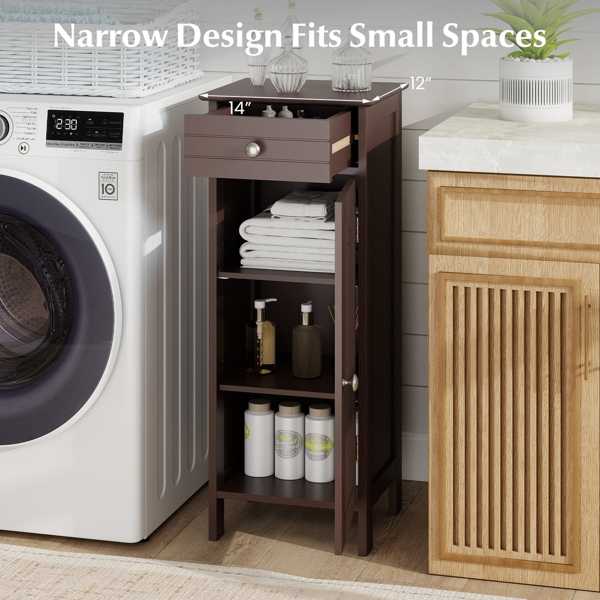 Wooden Storage Free-Standing Floor Cabinet with Drawer and Shelf-Brown-Floor Cabinets-DECOROLALA