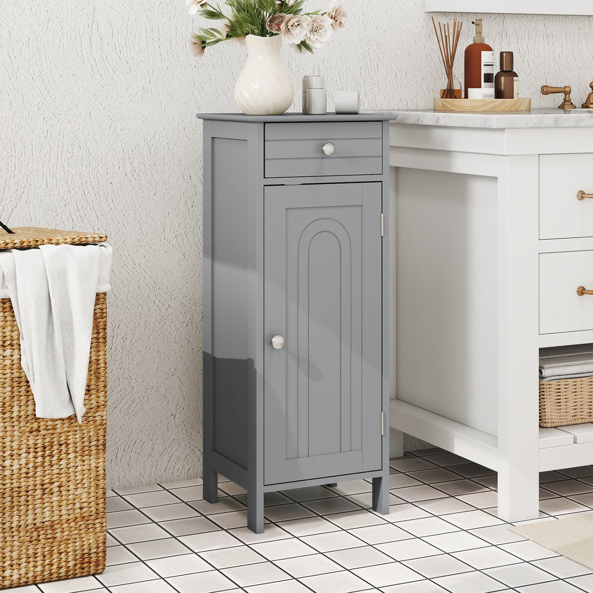 Wooden Storage Free-Standing Floor Cabinet with Drawer and Shelf-Gray-Floor Cabinets-DECOROLALA