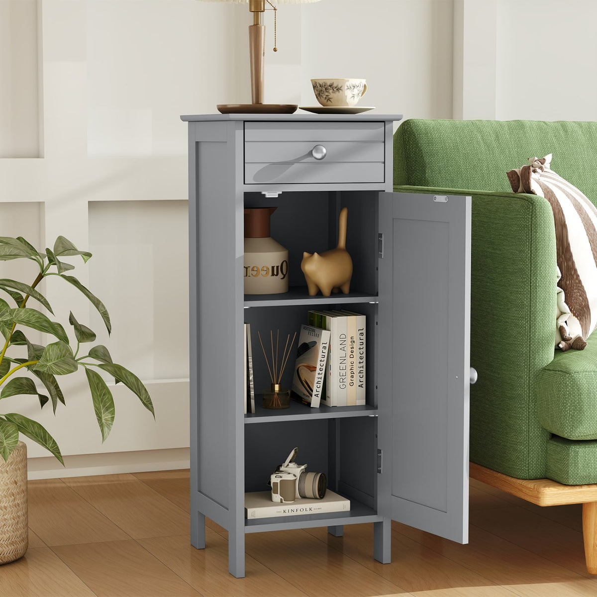 Wooden Storage Free-Standing Floor Cabinet with Drawer and Shelf-Gray-Floor Cabinets-DECOROLALA