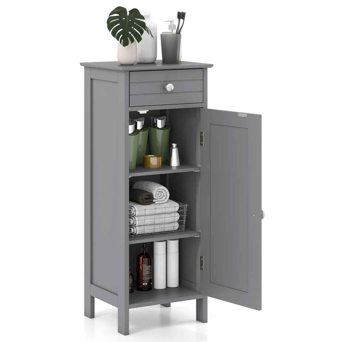 Wooden Storage Free-Standing Floor Cabinet with Drawer and Shelf-Gray-Floor Cabinets-DECOROLALA