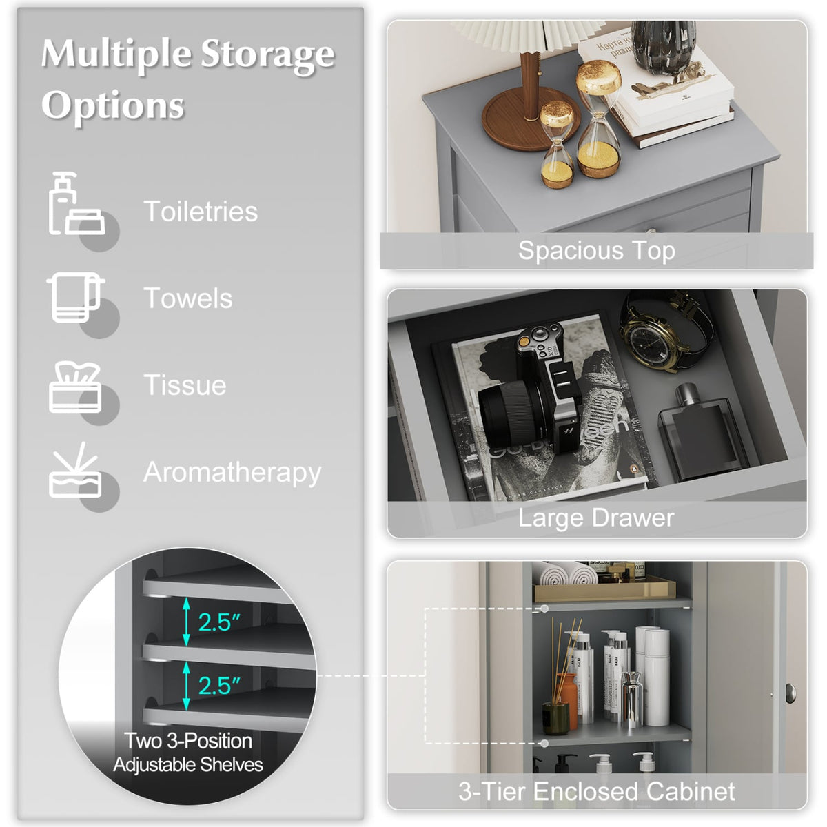 Wooden Storage Free-Standing Floor Cabinet with Drawer and Shelf-Gray-Floor Cabinets-DECOROLALA