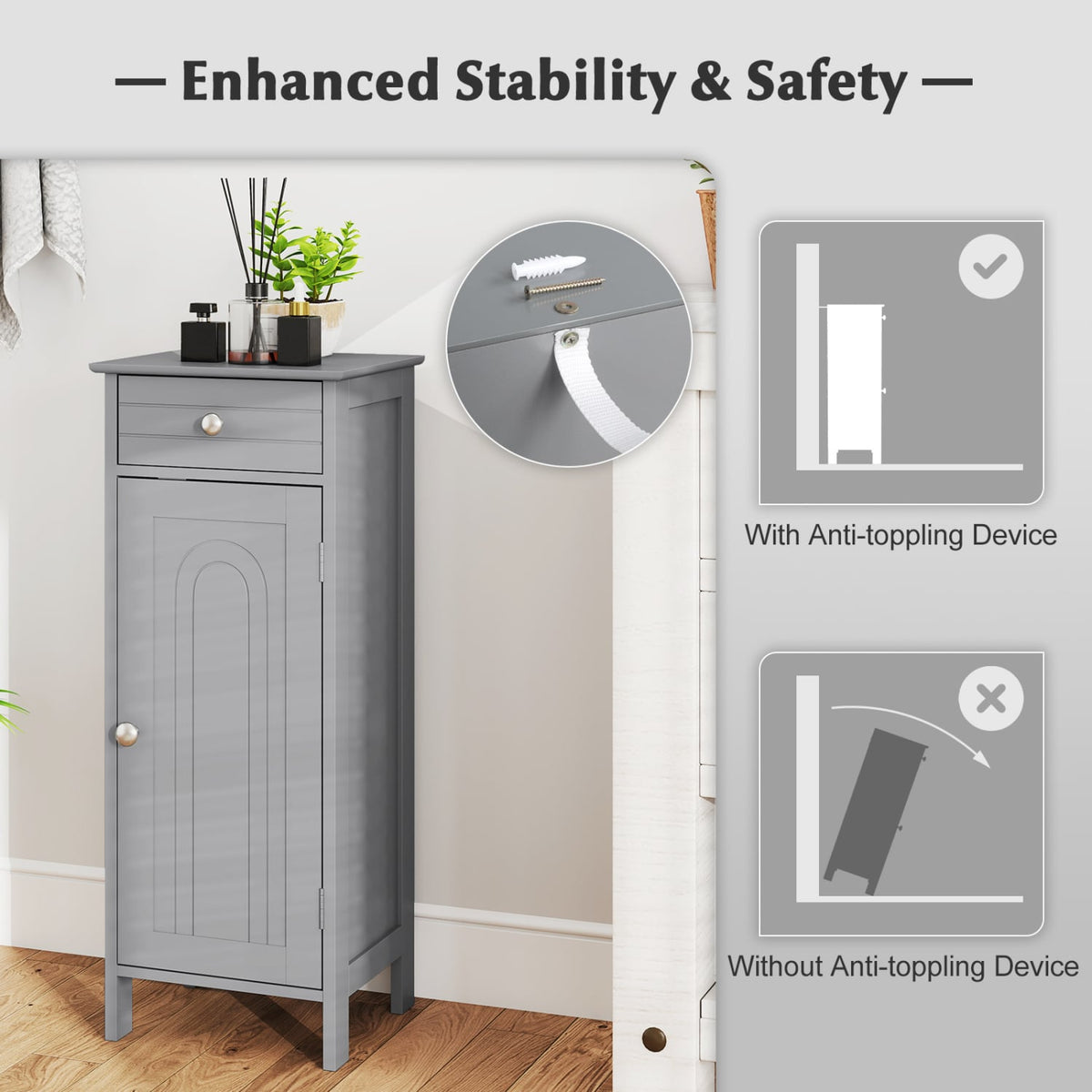Wooden Storage Free-Standing Floor Cabinet with Drawer and Shelf-Gray-Floor Cabinets-DECOROLALA