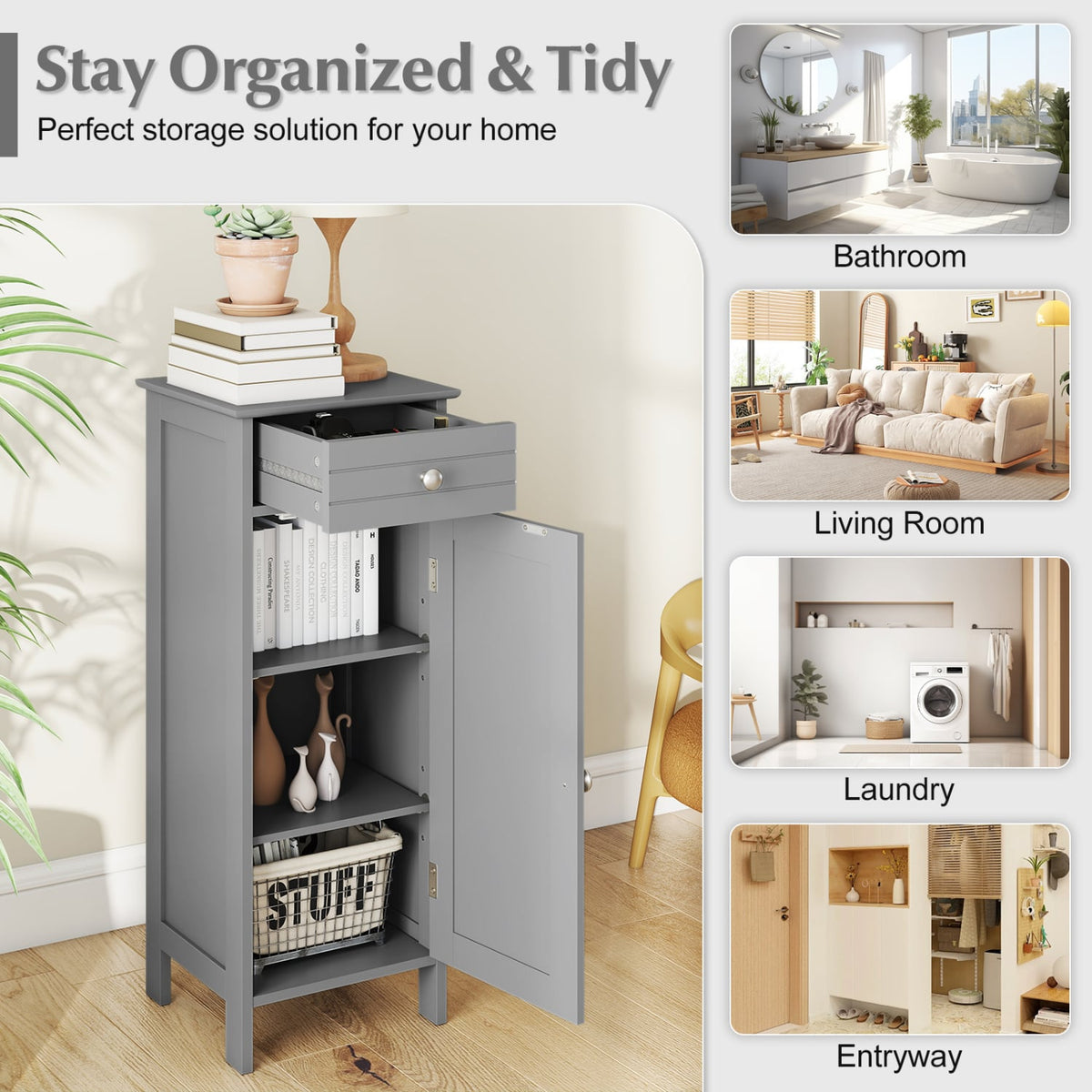 Wooden Storage Free-Standing Floor Cabinet with Drawer and Shelf-Gray-Floor Cabinets-DECOROLALA