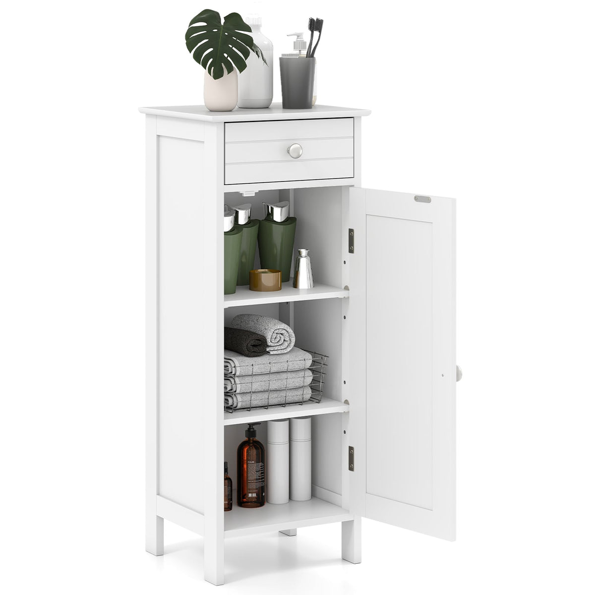Wooden Storage Free-Standing Floor Cabinet with Drawer and Shelf-White-Floor Cabinets-DECOROLALA