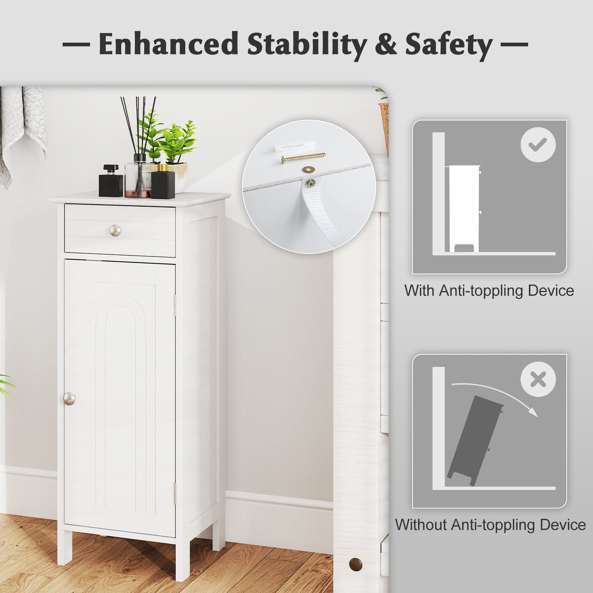 Wooden Storage Free-Standing Floor Cabinet with Drawer and Shelf-White-Floor Cabinets-DECOROLALA