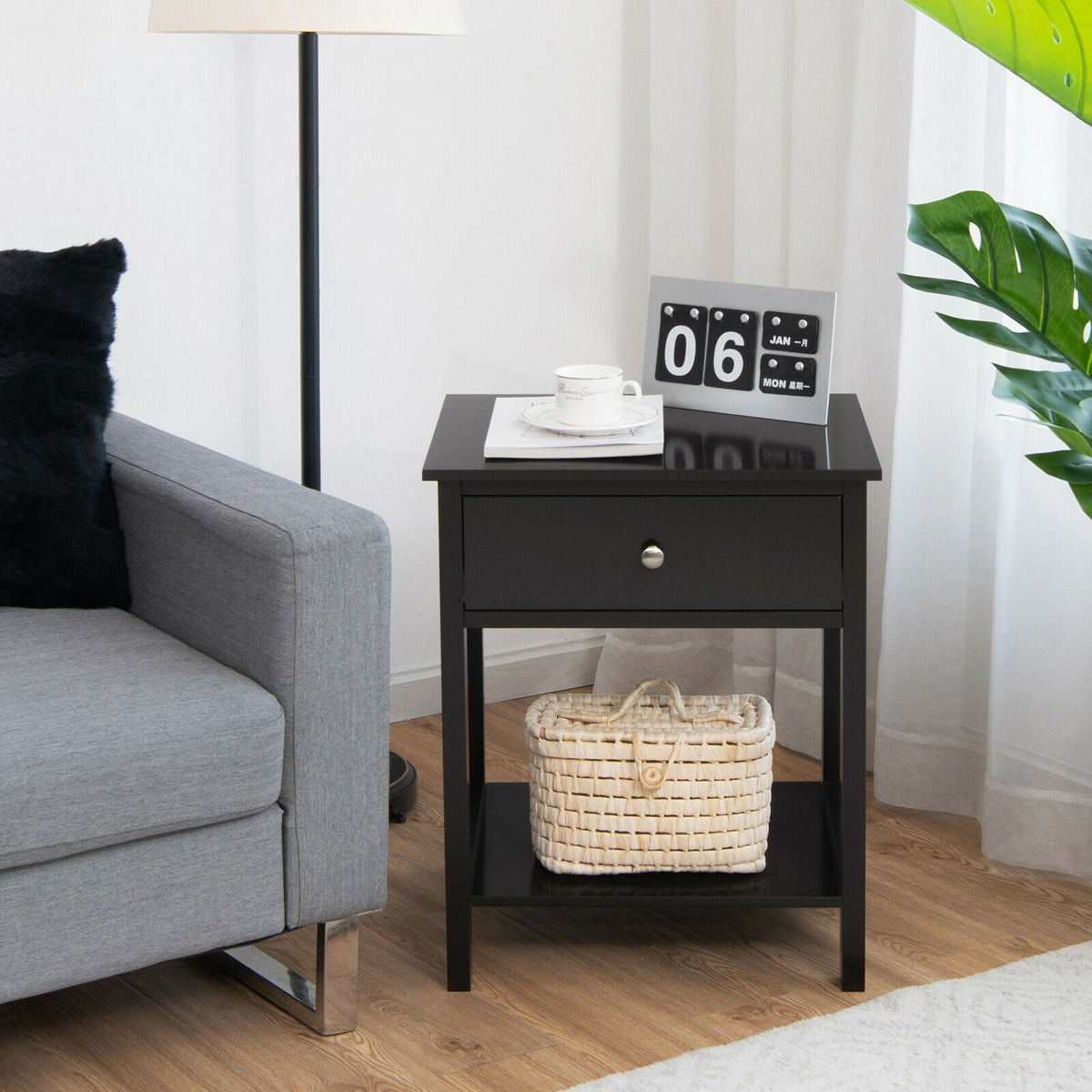 Wooden Storage Shelf with Drawer for Bedroom and Living Room-Black-Nightstands-DECOROLALA