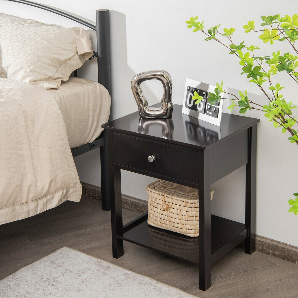 Wooden Storage Shelf with Drawer for Bedroom and Living Room-Black-Nightstands-DECOROLALA