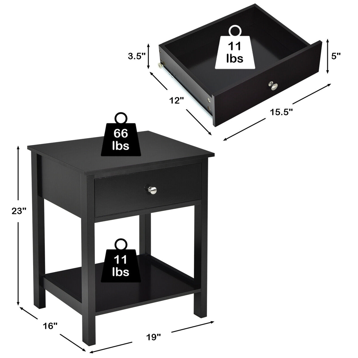Wooden Storage Shelf with Drawer for Bedroom and Living Room-Black-Nightstands-DECOROLALA