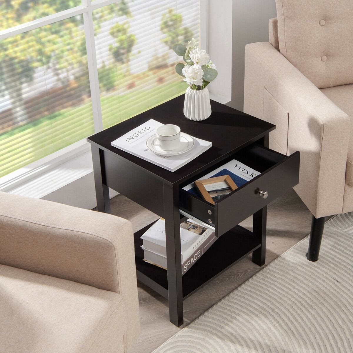 Wooden Storage Shelf with Drawer for Bedroom and Living Room-Black-Nightstands-DECOROLALA
