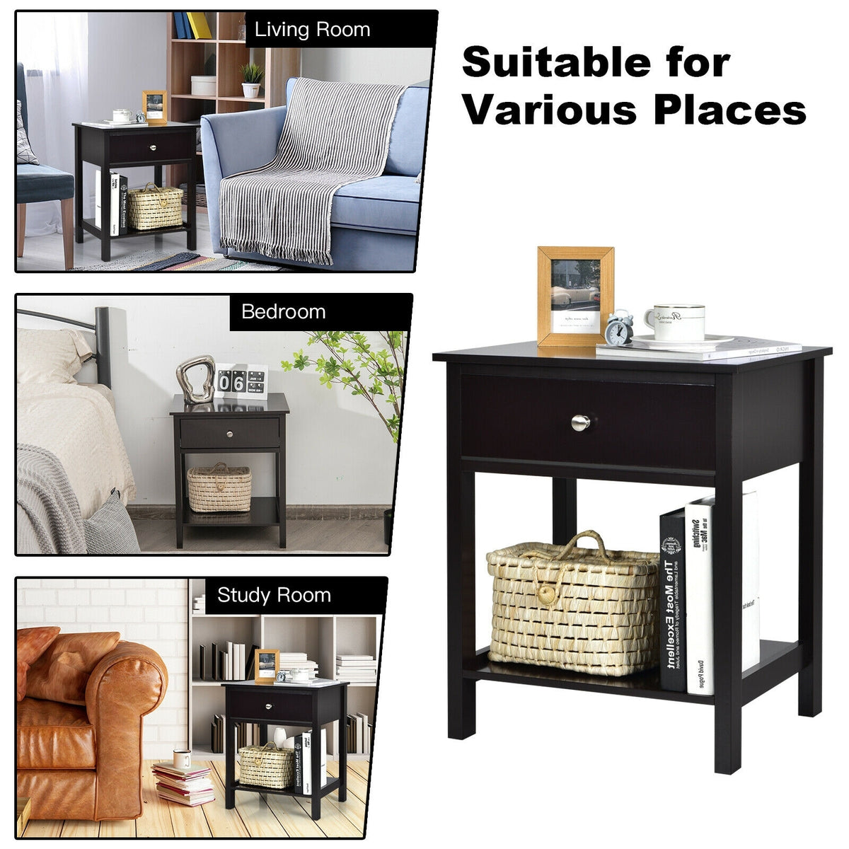 Wooden Storage Shelf with Drawer for Bedroom and Living Room-Black-Nightstands-DECOROLALA