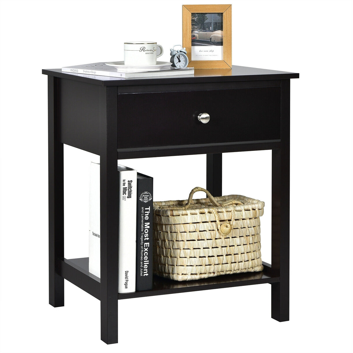 Wooden Storage Shelf with Drawer for Bedroom and Living Room-Black-Nightstands-DECOROLALA