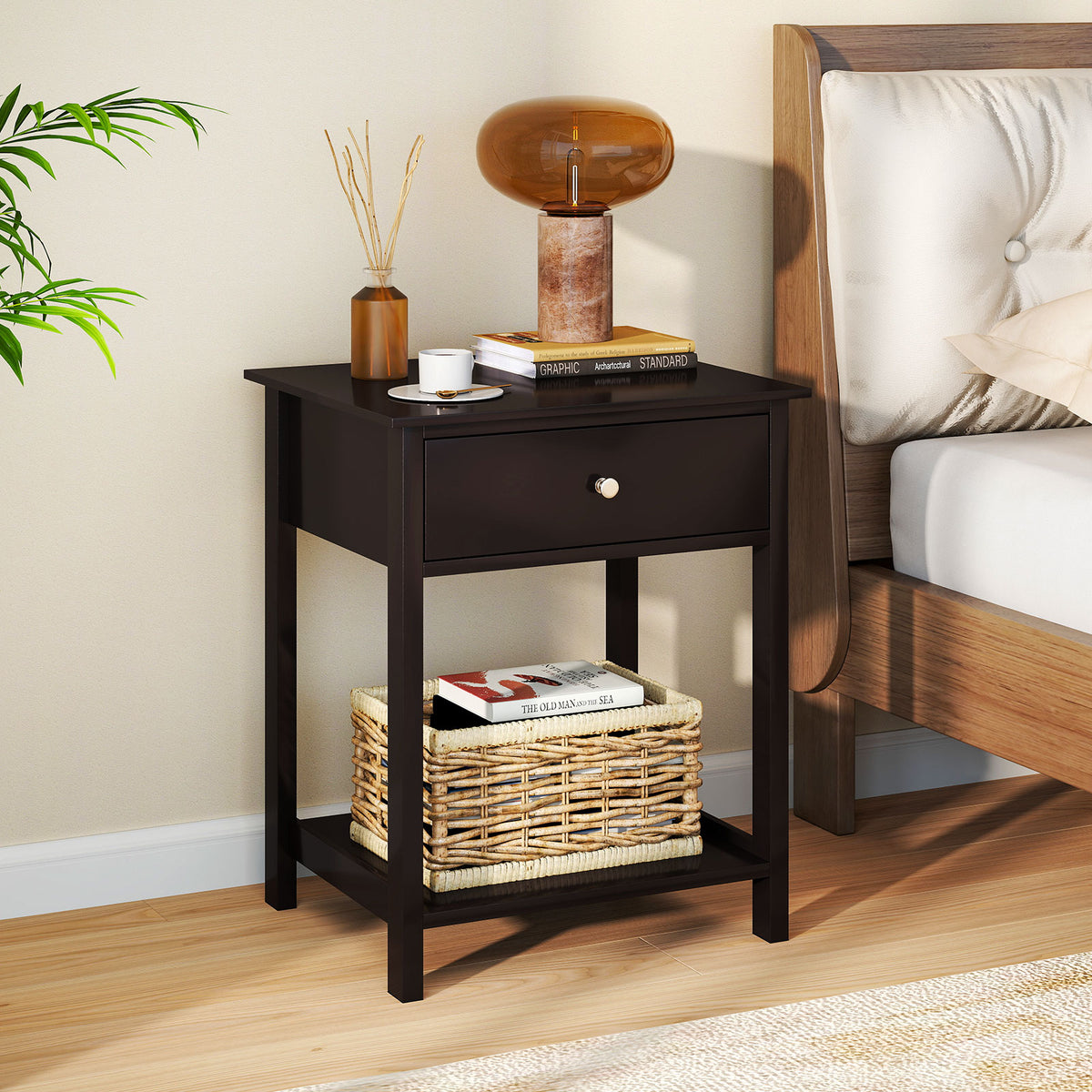 Wooden Storage Shelf with Drawer for Bedroom and Living Room-Brown-Nightstands-DECOROLALA