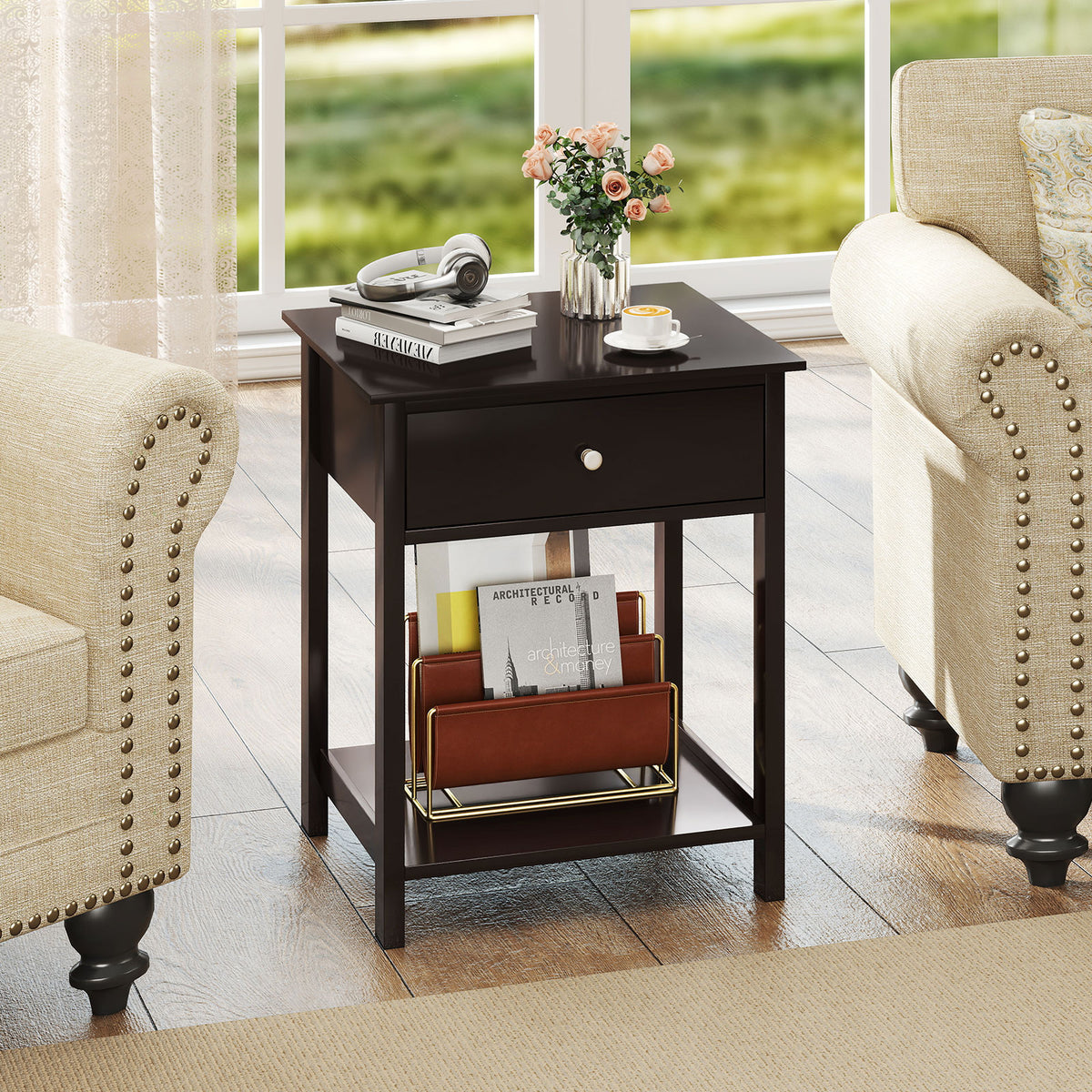 Wooden Storage Shelf with Drawer for Bedroom and Living Room-Brown-Nightstands-DECOROLALA