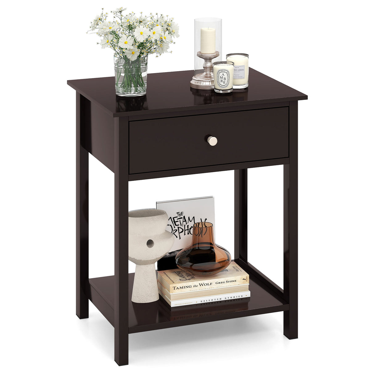 Wooden Storage Shelf with Drawer for Bedroom and Living Room-Brown-Nightstands-DECOROLALA