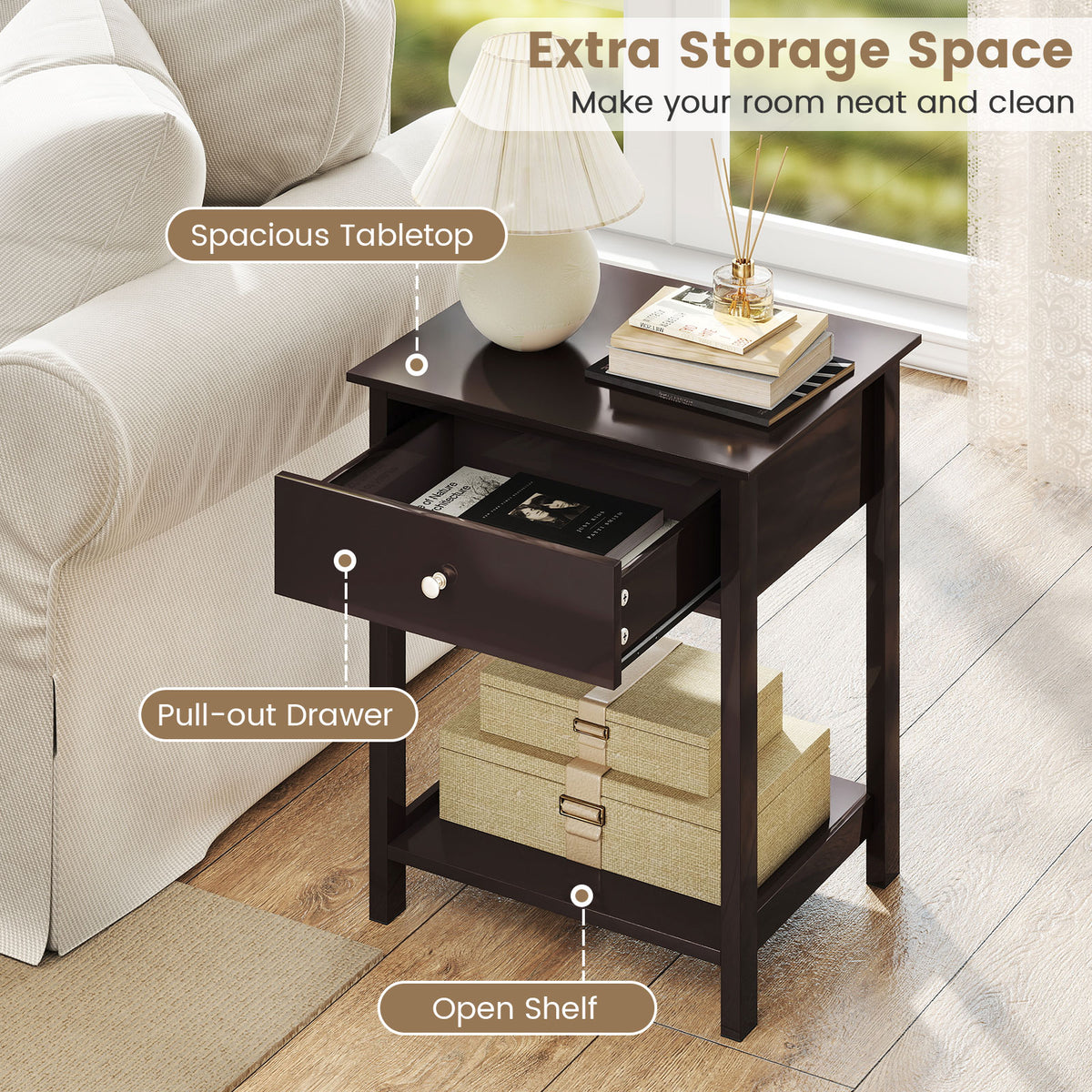 Wooden Storage Shelf with Drawer for Bedroom and Living Room-Brown-Nightstands-DECOROLALA
