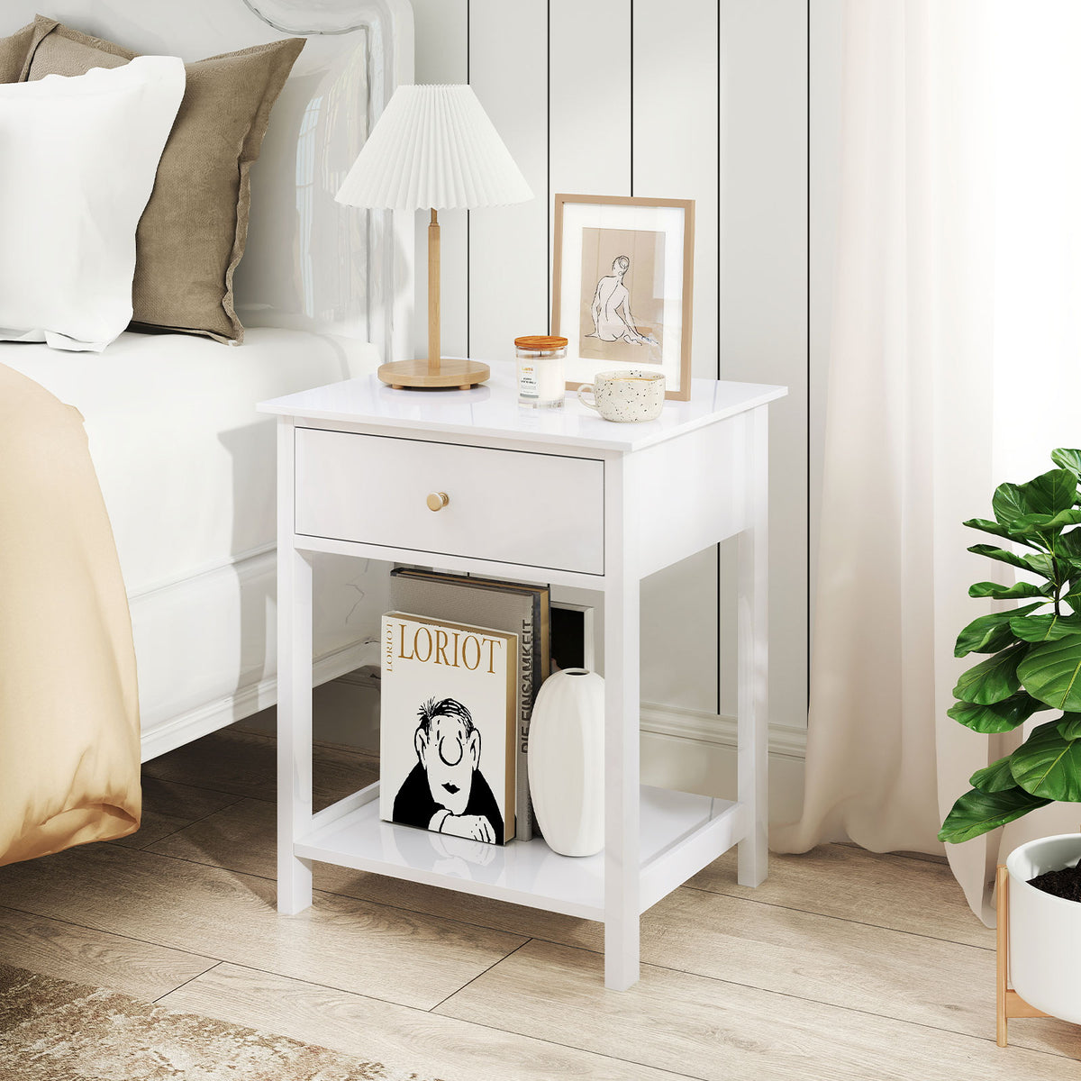 Wooden Storage Shelf with Drawer for Bedroom and Living Room-White-Nightstands-DECOROLALA