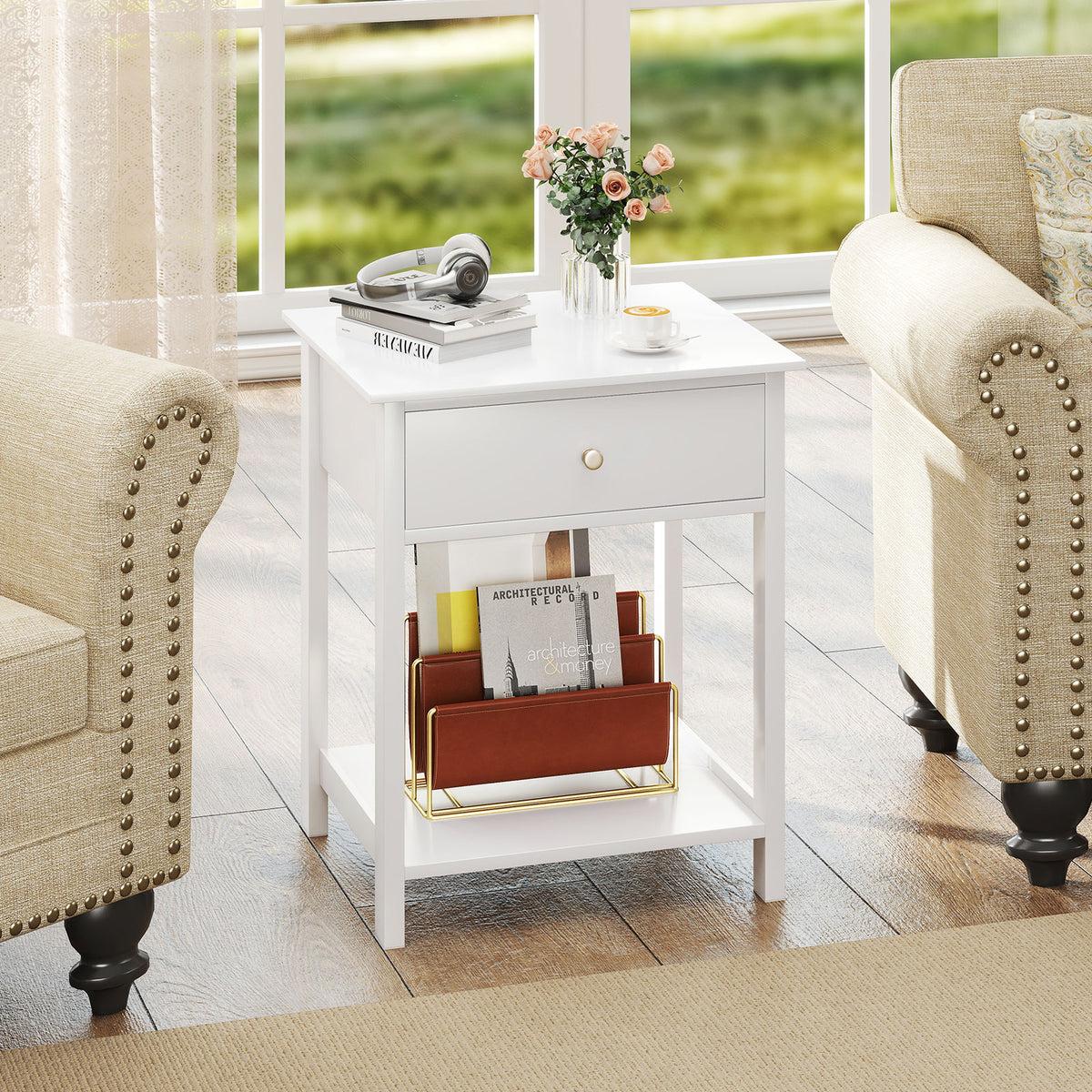 Wooden Storage Shelf with Drawer for Bedroom and Living Room-White-Nightstands-DECOROLALA