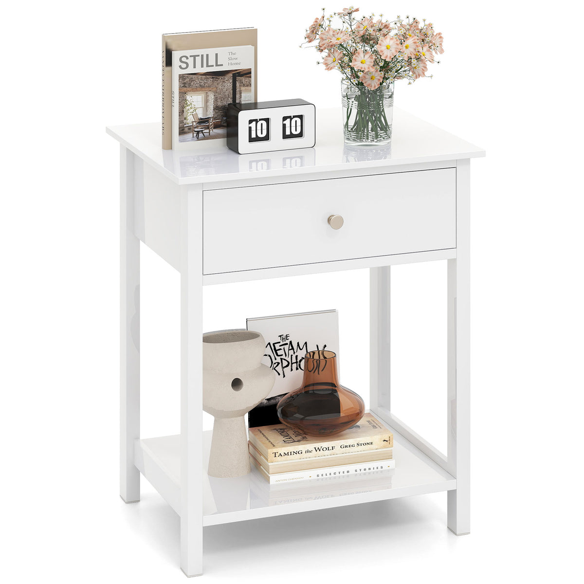 Wooden Storage Shelf with Drawer for Bedroom and Living Room-White-Nightstands-DECOROLALA