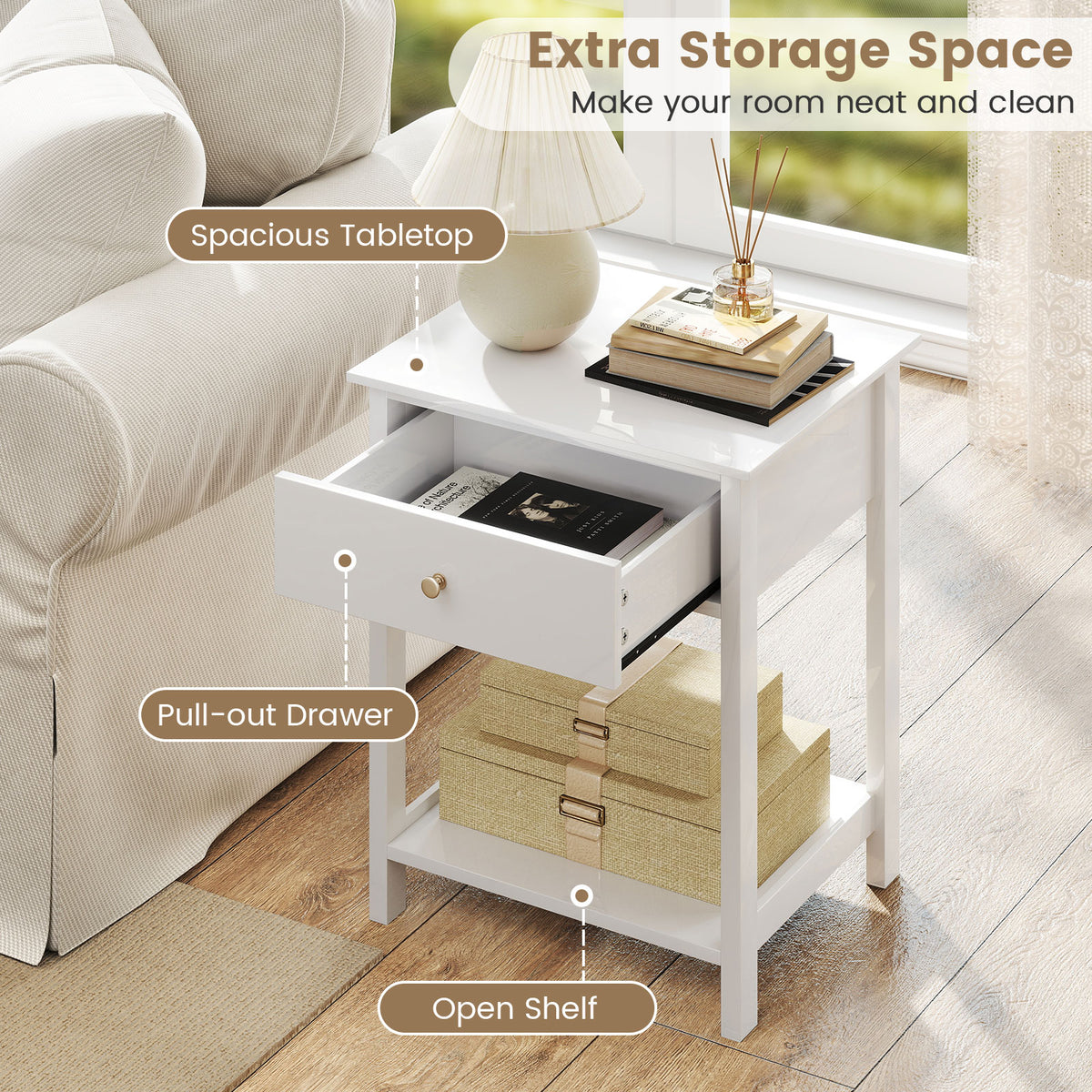 Wooden Storage Shelf with Drawer for Bedroom and Living Room-White-Nightstands-DECOROLALA