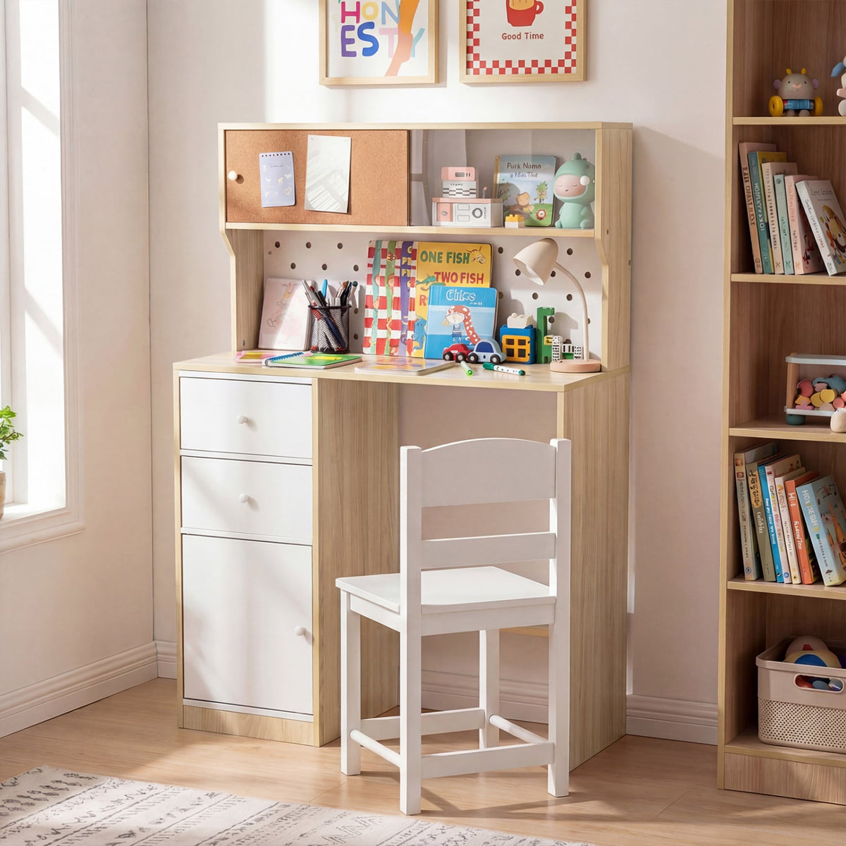 Wooden Study Desk and Chair Set with 2 Cabinets and 2 Drawers for 4-7 Years Old Children-Natural-Kids Tables & Chair Sets-DECOROLALA