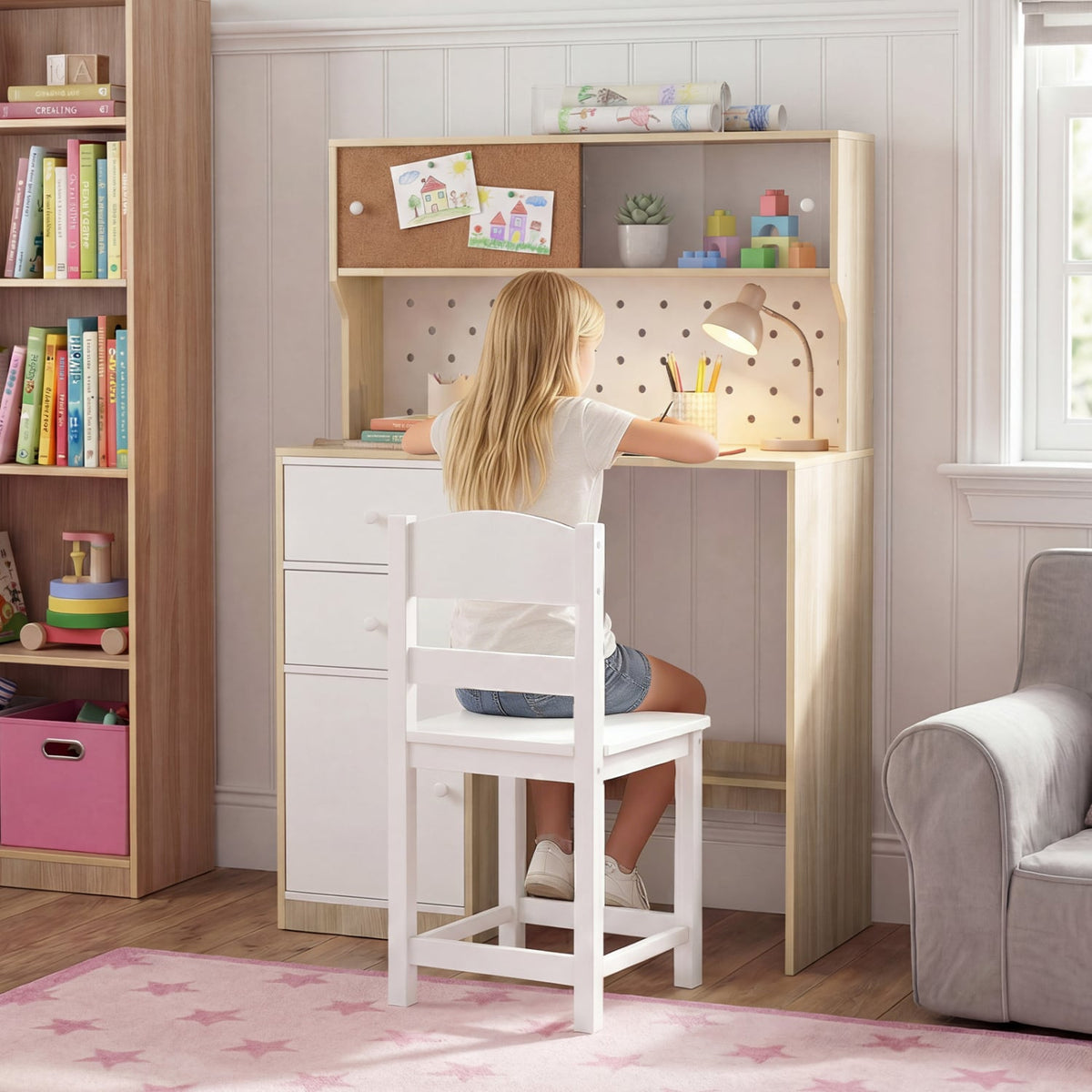 Wooden Study Desk and Chair Set with 2 Cabinets and 2 Drawers for 4-7 Years Old Children-Natural-Kids Tables & Chair Sets-DECOROLALA
